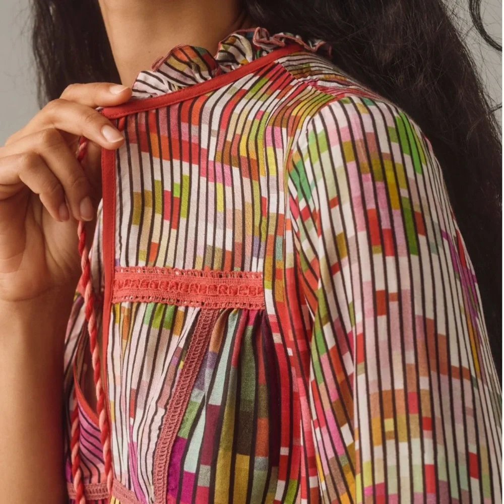 Anthropologie Conditions Apply Inreiza Top Multicolored Block Line Blouse - Picture 3 of 12